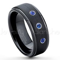 0.21ctw Blue Sapphire 3-Stone Tungsten Ring - September Birthstone Ring - 8mm Tungsten Ring - Brushed Finish Black Ion Plated Comfort Fit Tungsten Carbide Wedding Ring -  Men's Tungsten Anniversary Ring TN083-SP