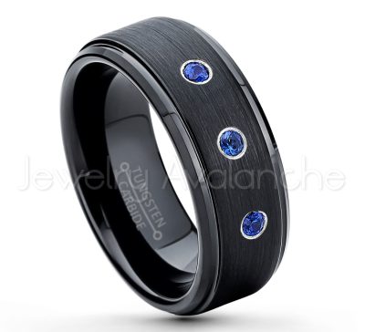 0.21ctw Blue Sapphire 3-Stone Tungsten Ring - September Birthstone Ring - 8mm Tungsten Ring - Brushed Finish Black Ion Plated Comfort Fit Tungsten Carbide Wedding Ring -  Men's Tungsten Anniversary Ring TN083-SP