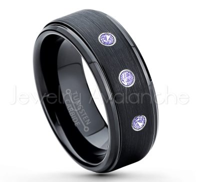 0.21ctw Tanzanite 3-Stone Tungsten Ring - December Birthstone Ring - 8mm Tungsten Ring - Brushed Finish Black Ion Plated Comfort Fit Tungsten Carbide Wedding Ring -  Men's Tungsten Anniversary Ring TN083-TZN