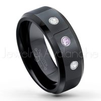 0.21ctw Amethyst & Diamond 3-Stone Tungsten Ring - February Birthstone Ring - 8mm Tungsten Wedding Ring - Polished Finish Black Ion Plated Comfort Fit Tungsten Carbide Ring - Men's Tungsten Anniversary Ring TN084-AMT