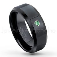 0.07ctw Emerald Tungsten Ring - May Birthstone Ring - 8mm Tungsten Wedding Ring - Polished Finish Black Ion Plated Comfort Fit Tungsten Carbide Ring - Men's Tungsten Anniversary Ring TN084-ED