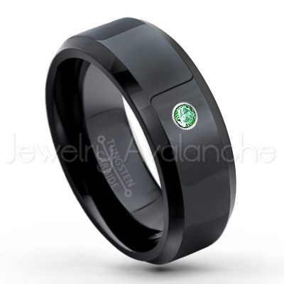 0.21ctw Emerald & Diamond 3-Stone Tungsten Ring - May Birthstone Ring - 8mm Tungsten Wedding Ring - Polished Finish Black Ion Plated Comfort Fit Tungsten Carbide Ring - Men's Tungsten Anniversary Ring TN084-ED