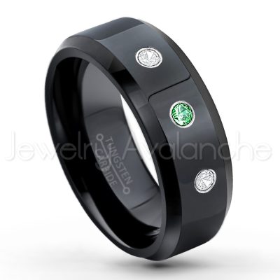 0.07ctw Emerald Tungsten Ring - May Birthstone Ring - 8mm Tungsten Wedding Ring - Polished Finish Black Ion Plated Comfort Fit Tungsten Carbide Ring - Men's Tungsten Anniversary Ring TN084-ED