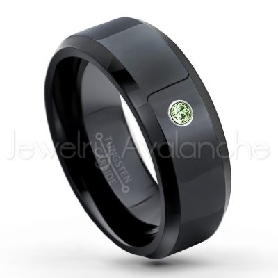 0.21ctw Green Tourmaline 3-Stone Tungsten Ring - October Birthstone Ring - 8mm Tungsten Wedding Ring - Polished Finish Black Ion Plated Comfort Fit Tungsten Carbide Ring - Men's Tungsten Anniversary Ring TN084-GTM