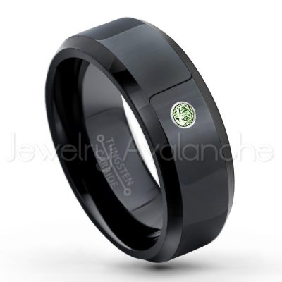 0.21ctw Green Tourmaline & Diamond 3-Stone Tungsten Ring - October Birthstone Ring - 8mm Tungsten Wedding Ring - Polished Finish Black Ion Plated Comfort Fit Tungsten Carbide Ring - Men's Tungsten Anniversary Ring TN084-GTM