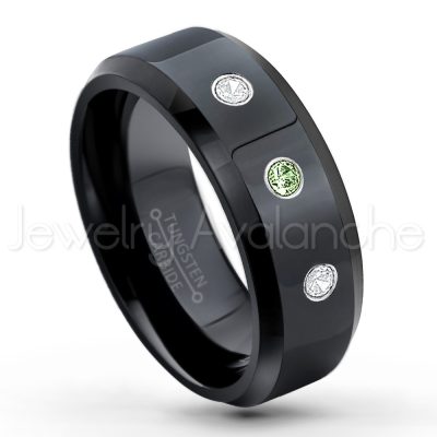 0.21ctw Green Tourmaline 3-Stone Tungsten Ring - October Birthstone Ring - 8mm Tungsten Wedding Ring - Polished Finish Black Ion Plated Comfort Fit Tungsten Carbide Ring - Men's Tungsten Anniversary Ring TN084-GTM