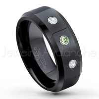 0.21ctw Green Tourmaline & Diamond 3-Stone Tungsten Ring - October Birthstone Ring - 8mm Tungsten Wedding Ring - Polished Finish Black Ion Plated Comfort Fit Tungsten Carbide Ring - Men's Tungsten Anniversary Ring TN084-GTM