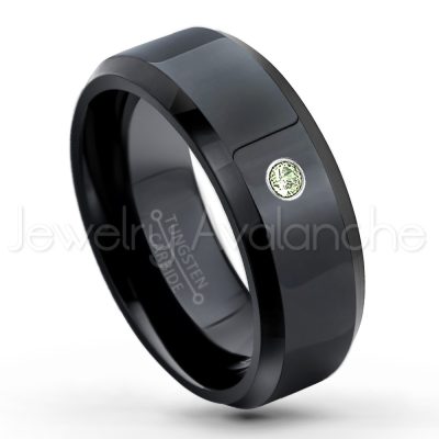 0.21ctw Peridot 3-Stone Tungsten Ring - August Birthstone Ring - 8mm Tungsten Wedding Ring - Polished Finish Black Ion Plated Comfort Fit Tungsten Carbide Ring - Men's Tungsten Anniversary Ring TN084-PD