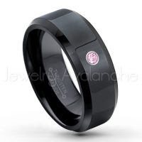 0.07ctw Pink Tourmaline Tungsten Ring - October Birthstone Ring - 8mm Tungsten Wedding Ring - Polished Finish Black Ion Plated Comfort Fit Tungsten Carbide Ring - Men's Tungsten Anniversary Ring TN084-PTM