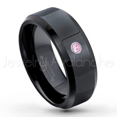 0.21ctw Pink Tourmaline 3-Stone Tungsten Ring - October Birthstone Ring - 8mm Tungsten Wedding Ring - Polished Finish Black Ion Plated Comfort Fit Tungsten Carbide Ring - Men's Tungsten Anniversary Ring TN084-PTM