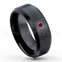0.07ctw Ruby Tungsten Ring - July Birthstone Ring - 8mm Tungsten Wedding Ring - Polished Finish Black Ion Plated Comfort Fit Tungsten Carbide Ring - Men's Tungsten Anniversary Ring TN084-RB