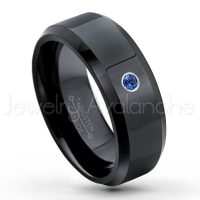 0.07ctw Blue Sapphire Tungsten Ring - September Birthstone Ring - 8mm Tungsten Wedding Ring - Polished Finish Black Ion Plated Comfort Fit Tungsten Carbide Ring - Men's Tungsten Anniversary Ring TN084-SP
