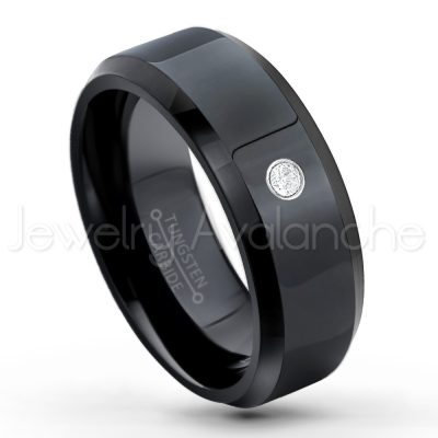 0.21ctw Diamond 3-Stone Tungsten Ring - April Birthstone Ring - 8mm Tungsten Wedding Ring - Polished Finish Black Ion Plated Comfort Fit Tungsten Carbide Ring - Men's Tungsten Anniversary Ring TN084-WD