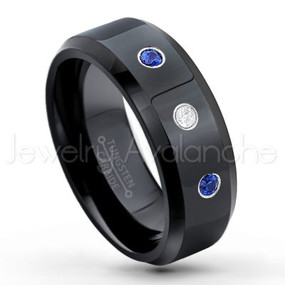 0.21ctw Blue Sapphire & Diamond 3-Stone Tungsten Ring - September Birthstone Ring - 8mm Tungsten Wedding Ring - Polished Finish Black Ion Plated Comfort Fit Tungsten Carbide Ring - Men's Tungsten Anniversary Ring TN084-SP