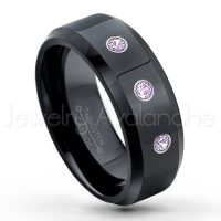 0.21ctw Amethyst 3-Stone Tungsten Ring - February Birthstone Ring - 8mm Tungsten Wedding Ring - Polished Finish Black Ion Plated Comfort Fit Tungsten Carbide Ring - Men's Tungsten Anniversary Ring TN084-AMT