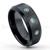 0.21ctw Emerald 3-Stone Tungsten Ring - May Birthstone Ring - 8mm Tungsten Wedding Ring - Polished Finish Black Ion Plated Comfort Fit Tungsten Carbide Ring - Men's Tungsten Anniversary Ring TN084-ED