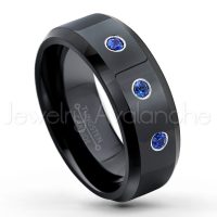 0.21ctw Blue Sapphire 3-Stone Tungsten Ring - September Birthstone Ring - 8mm Tungsten Wedding Ring - Polished Finish Black Ion Plated Comfort Fit Tungsten Carbide Ring - Men's Tungsten Anniversary Ring TN084-SP