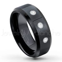 0.21ctw Diamond 3-Stone Tungsten Ring - April Birthstone Ring - 8mm Tungsten Wedding Ring - Polished Finish Black Ion Plated Comfort Fit Tungsten Carbide Ring - Men's Tungsten Anniversary Ring TN084-WD