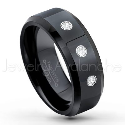 0.21ctw White & Black Diamond 3-Stone Tungsten Ring - April Birthstone Ring - 8mm Tungsten Wedding Ring - Polished Finish Black Ion Plated Comfort Fit Tungsten Carbide Ring - Men's Tungsten Anniversary Ring TN084-WD