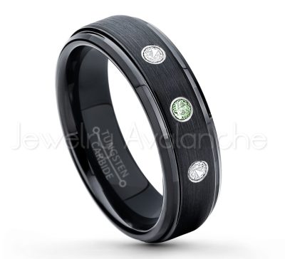 0.21ctw Alexandrite & Diamond 3-Stone Tungsten Ring - June Birthstone Ring - 6mm Tungsten Carbide Ring - Brushed Finish Black Ion Plated Comfort Fit Tungsten Wedding Ring - Anniversary Ring TN085-ALX