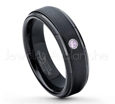 0.21ctw Amethyst & Diamond 3-Stone Tungsten Ring - February Birthstone Ring - 6mm Tungsten Carbide Ring - Brushed Finish Black Ion Plated Comfort Fit Tungsten Wedding Ring - Anniversary Ring TN085-AMT
