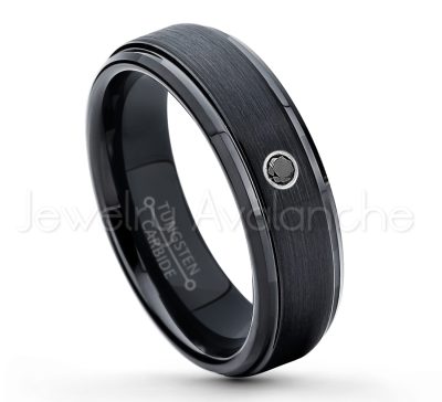 0.21ctw Black & White Diamond 3-Stone Tungsten Ring - April Birthstone Ring - 6mm Tungsten Carbide Ring - Brushed Finish Black Ion Plated Comfort Fit Tungsten Wedding Ring - Anniversary Ring TN085-BD