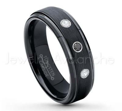 0.07ctw Black Diamond Tungsten Ring - April Birthstone Ring - 6mm Tungsten Carbide Ring - Brushed Finish Black Ion Plated Comfort Fit Tungsten Wedding Ring - Anniversary Ring TN085-BD