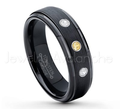 0.07ctw Citrine Tungsten Ring - November Birthstone Ring - 6mm Tungsten Carbide Ring - Brushed Finish Black Ion Plated Comfort Fit Tungsten Wedding Ring - Anniversary Ring TN085-CN