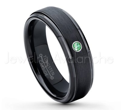 0.21ctw Emerald 3-Stone Tungsten Ring - May Birthstone Ring - 6mm Tungsten Carbide Ring - Brushed Finish Black Ion Plated Comfort Fit Tungsten Wedding Ring - Anniversary Ring TN085-ED