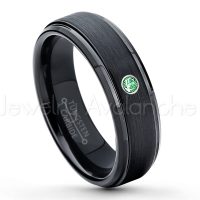 0.07ctw Emerald Tungsten Ring - May Birthstone Ring - 6mm Tungsten Carbide Ring - Brushed Finish Black Ion Plated Comfort Fit Tungsten Wedding Ring - Anniversary Ring TN085-ED
