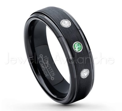 0.21ctw Emerald 3-Stone Tungsten Ring - May Birthstone Ring - 6mm Tungsten Carbide Ring - Brushed Finish Black Ion Plated Comfort Fit Tungsten Wedding Ring - Anniversary Ring TN085-ED