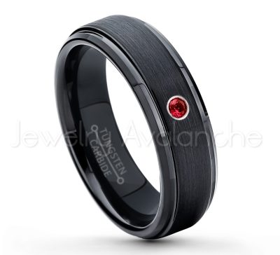 0.21ctw Garnet 3-Stone Tungsten Ring - January Birthstone Ring - 6mm Tungsten Carbide Ring - Brushed Finish Black Ion Plated Comfort Fit Tungsten Wedding Ring - Anniversary Ring TN085-GR