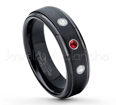 0.07ctw Garnet Tungsten Ring - January Birthstone Ring - 6mm Tungsten Carbide Ring - Brushed Finish Black Ion Plated Comfort Fit Tungsten Wedding Ring - Anniversary Ring TN085-GR