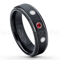 0.21ctw Garnet & Diamond 3-Stone Tungsten Ring - January Birthstone Ring - 6mm Tungsten Carbide Ring - Brushed Finish Black Ion Plated Comfort Fit Tungsten Wedding Ring - Anniversary Ring TN085-GR