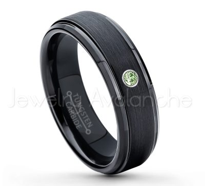 0.21ctw Green Tourmaline 3-Stone Tungsten Ring - October Birthstone Ring - 6mm Tungsten Carbide Ring - Brushed Finish Black Ion Plated Comfort Fit Tungsten Wedding Ring - Anniversary Ring TN085-GTM