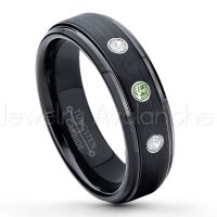 0.21ctw Green Tourmaline & Diamond 3-Stone Tungsten Ring - October Birthstone Ring - 6mm Tungsten Carbide Ring - Brushed Finish Black Ion Plated Comfort Fit Tungsten Wedding Ring - Anniversary Ring TN085-GTM