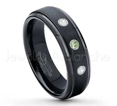 0.21ctw Green Tourmaline & Diamond 3-Stone Tungsten Ring - October Birthstone Ring - 6mm Tungsten Carbide Ring - Brushed Finish Black Ion Plated Comfort Fit Tungsten Wedding Ring - Anniversary Ring TN085-GTM