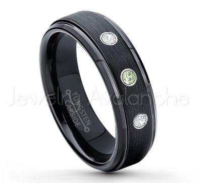 0.21ctw Peridot 3-Stone Tungsten Ring - August Birthstone Ring - 6mm Tungsten Carbide Ring - Brushed Finish Black Ion Plated Comfort Fit Tungsten Wedding Ring - Anniversary Ring TN085-PD