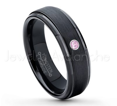 0.21ctw Pink Tourmaline 3-Stone Tungsten Ring - October Birthstone Ring - 6mm Tungsten Carbide Ring - Brushed Finish Black Ion Plated Comfort Fit Tungsten Wedding Ring - Anniversary Ring TN085-PTM