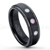 0.21ctw Pink Tourmaline & Diamond 3-Stone Tungsten Ring - October Birthstone Ring - 6mm Tungsten Carbide Ring - Brushed Finish Black Ion Plated Comfort Fit Tungsten Wedding Ring - Anniversary Ring TN085-PTM