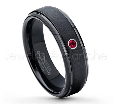 0.21ctw Ruby & Diamond 3-Stone Tungsten Ring - July Birthstone Ring - 6mm Tungsten Carbide Ring - Brushed Finish Black Ion Plated Comfort Fit Tungsten Wedding Ring - Anniversary Ring TN085-RB