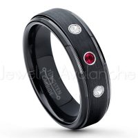 0.21ctw Ruby & Diamond 3-Stone Tungsten Ring - July Birthstone Ring - 6mm Tungsten Carbide Ring - Brushed Finish Black Ion Plated Comfort Fit Tungsten Wedding Ring - Anniversary Ring TN085-RB