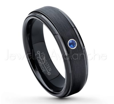 0.07ctw Blue Sapphire Tungsten Ring - September Birthstone Ring - 6mm Tungsten Carbide Ring - Brushed Finish Black Ion Plated Comfort Fit Tungsten Wedding Ring - Anniversary Ring TN085-SP
