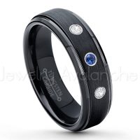 0.21ctw Blue Sapphire & Diamond 3-Stone Tungsten Ring - September Birthstone Ring - 6mm Tungsten Carbide Ring - Brushed Finish Black Ion Plated Comfort Fit Tungsten Wedding Ring - Anniversary Ring TN085-SP