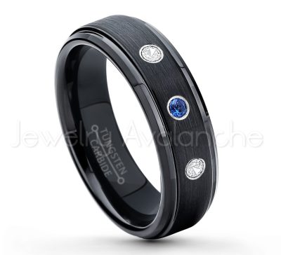 0.21ctw Blue Sapphire 3-Stone Tungsten Ring - September Birthstone Ring - 6mm Tungsten Carbide Ring - Brushed Finish Black Ion Plated Comfort Fit Tungsten Wedding Ring - Anniversary Ring TN085-SP