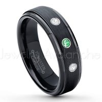 0.21ctw Tsavorite & Diamond 3-Stone Tungsten Ring - January Birthstone Ring - 6mm Tungsten Carbide Ring - Brushed Finish Black Ion Plated Comfort Fit Tungsten Wedding Ring - Anniversary Ring TN085-TVR