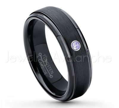 0.21ctw Tanzanite 3-Stone Tungsten Ring - December Birthstone Ring - 6mm Tungsten Carbide Ring - Brushed Finish Black Ion Plated Comfort Fit Tungsten Wedding Ring - Anniversary Ring TN085-TZN
