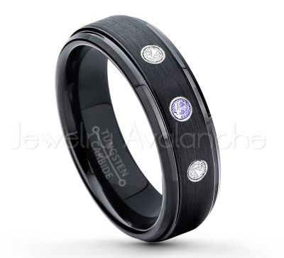 0.07ctw Tanzanite Tungsten Ring - December Birthstone Ring - 6mm Tungsten Carbide Ring - Brushed Finish Black Ion Plated Comfort Fit Tungsten Wedding Ring - Anniversary Ring TN085-TZN