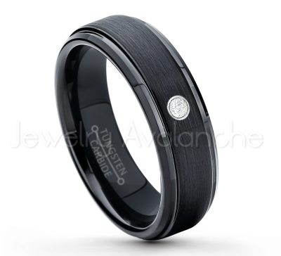 0.21ctw Diamond 3-Stone Tungsten Ring - April Birthstone Ring - 6mm Tungsten Carbide Ring - Brushed Finish Black Ion Plated Comfort Fit Tungsten Wedding Ring - Anniversary Ring TN085-WD