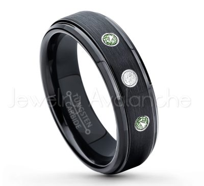 0.21ctw Alexandrite & Diamond 3-Stone Tungsten Ring - June Birthstone Ring - 6mm Tungsten Carbide Ring - Brushed Finish Black Ion Plated Comfort Fit Tungsten Wedding Ring - Anniversary Ring TN085-ALX